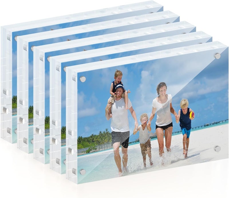 ATZYmolin 4x6 Acrylic Picture Frame 5 Pack, 20mm Thick Magnetic Double Sided Display 20% Thicker- Frameless Clear Transparent Photo Frame for Desktop/Tabletop, Self Standing with Microfiber Cloth - Image 1